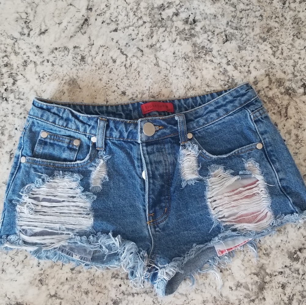 Signature8 red, white, and blue denim shorts